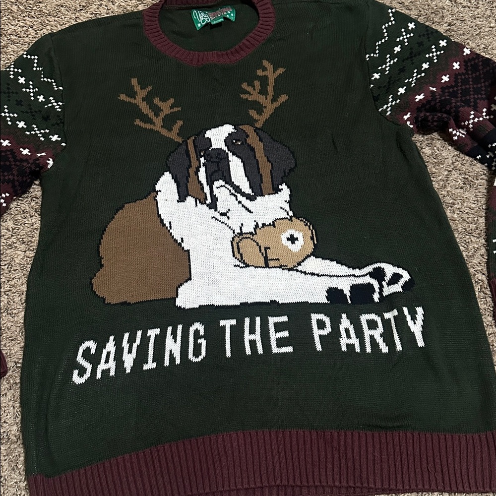 Ugly Christmas Sweater Big Dog “Saving the Party” Sweater - Picture 2 of 5
